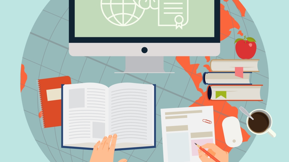 Illustrazione con una persona mentre maneggia un libro, scrive un documento e guarda un computer